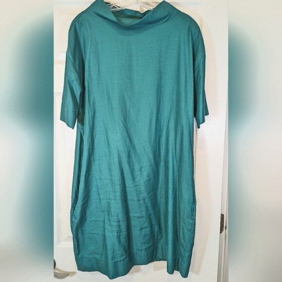 COS Jade Green Mock Cowl Neck Short Sleeve midi dress pockets size Large EU 42 - Picture 3 of 8